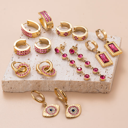 1 pair elegant glam round eye flower plating inlay stainless steel zircon 18k gold plated earrings